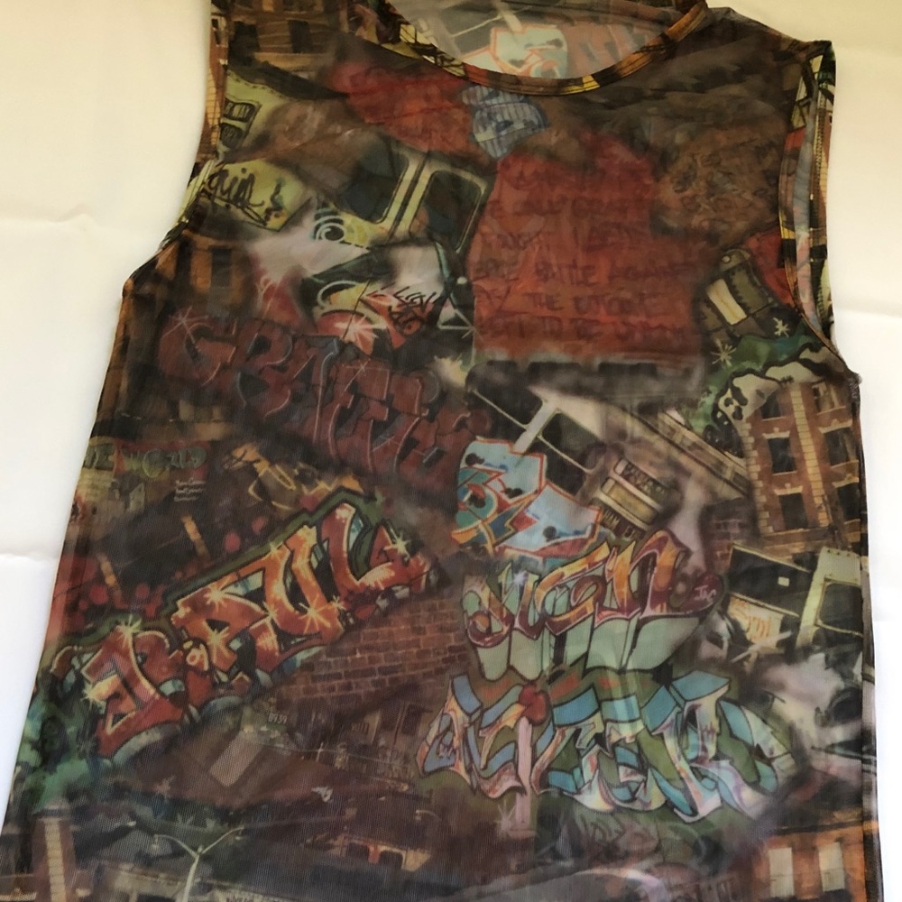 SOLD Graffiti Print Mesh Sleeveless in earth tones